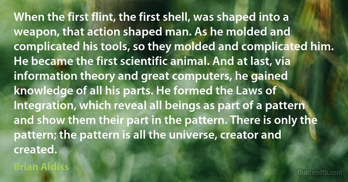 When the first flint, the first shell, was shaped into a weapon, that action shaped man. As he molded and complicated his tools, so they molded and complicated him. He became the first scientific animal. And at last, via information theory and great computers, he gained knowledge of all his parts. He formed the Laws of Integration, which reveal all beings as part of a pattern and show them their part in the pattern. There is only the pattern; the pattern is all the universe, creator and created. (Brian Aldiss)