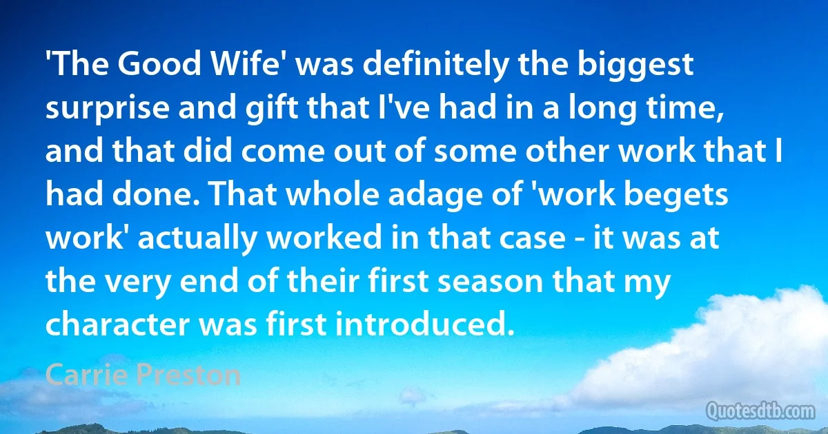 'The Good Wife' was definitely the biggest surprise and gift that I've had in a long time, and that did come out of some other work that I had done. That whole adage of 'work begets work' actually worked in that case - it was at the very end of their first season that my character was first introduced. (Carrie Preston)