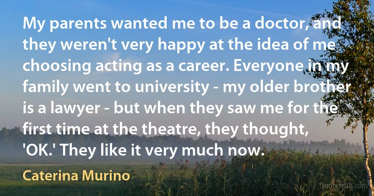 My parents wanted me to be a doctor, and they weren't very happy at the idea of me choosing acting as a career. Everyone in my family went to university - my older brother is a lawyer - but when they saw me for the first time at the theatre, they thought, 'OK.' They like it very much now. (Caterina Murino)