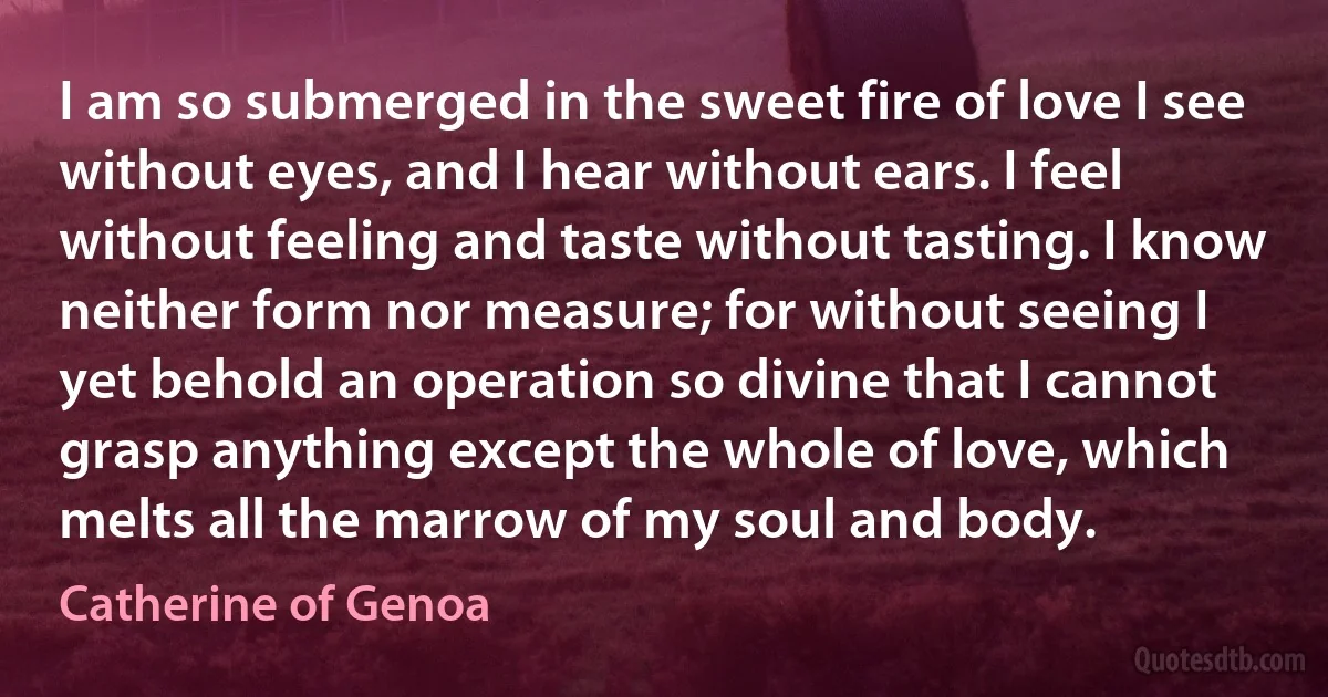 I am so submerged in the sweet fire of love I see without eyes, and I hear without ears. I feel without feeling and taste without tasting. I know neither form nor measure; for without seeing I yet behold an operation so divine that I cannot grasp anything except the whole of love, which melts all the marrow of my soul and body. (Catherine of Genoa)