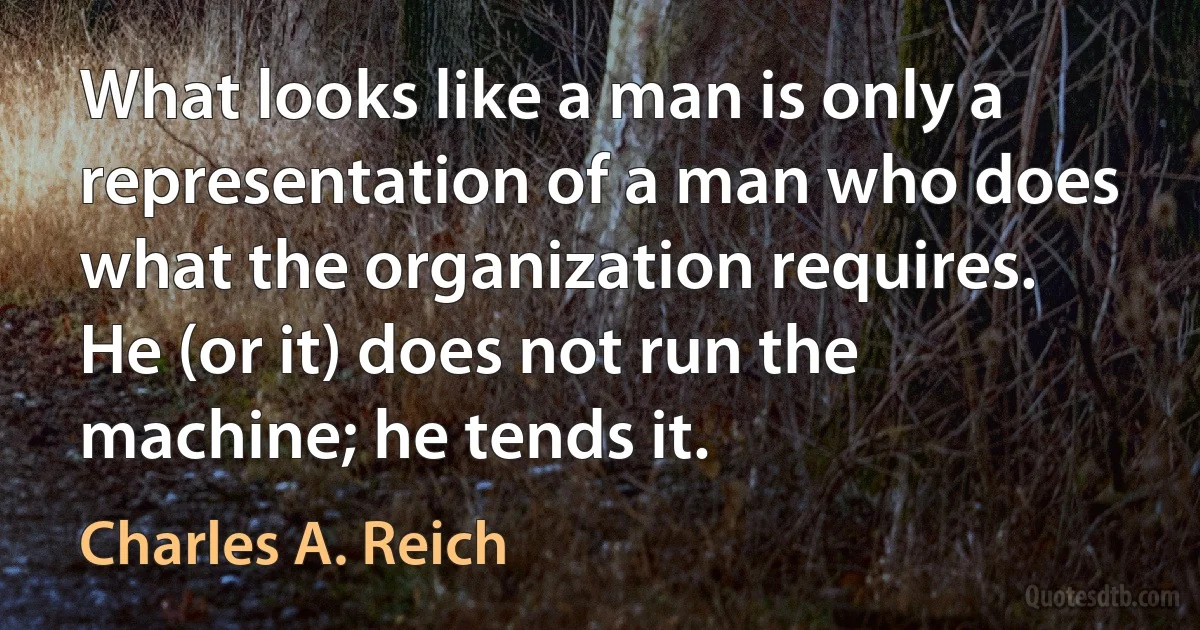 What looks like a man is only a representation of a man who does what the organization requires. He (or it) does not run the machine; he tends it. (Charles A. Reich)