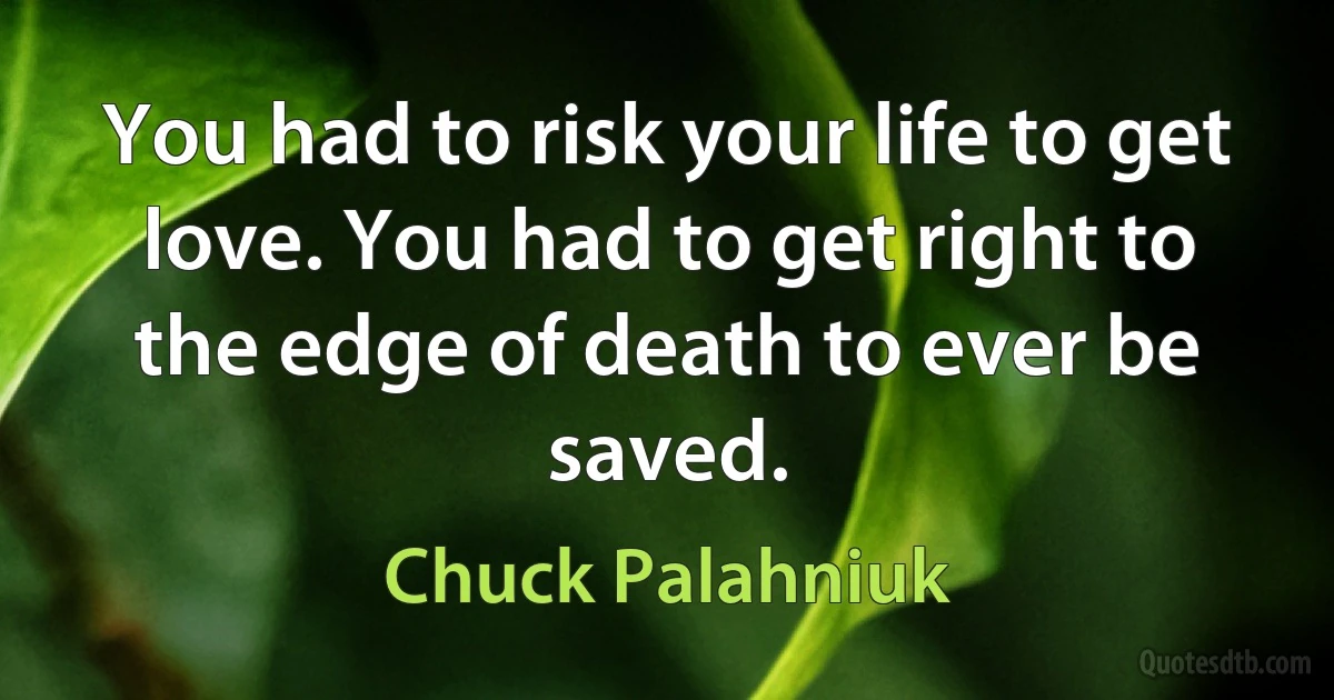 You had to risk your life to get love. You had to get right to the edge of death to ever be saved. (Chuck Palahniuk)