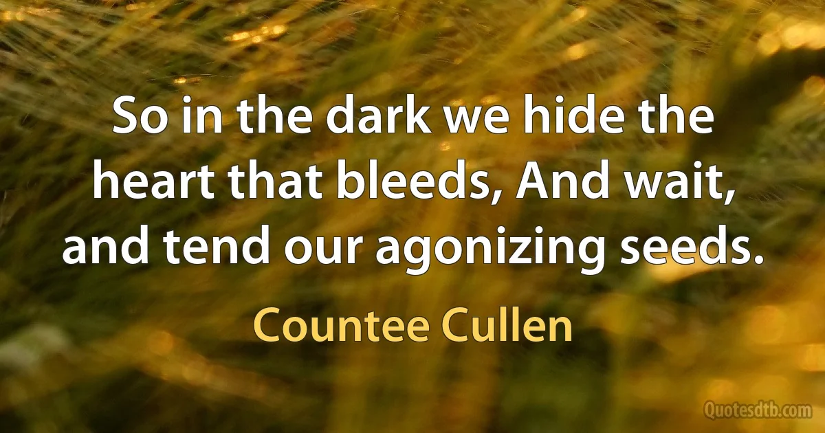 So in the dark we hide the heart that bleeds, And wait, and tend our agonizing seeds. (Countee Cullen)