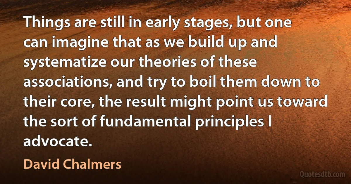 Things are still in early stages, but one can imagine that as we build up and systematize our theories of these associations, and try to boil them down to their core, the result might point us toward the sort of fundamental principles I advocate. (David Chalmers)