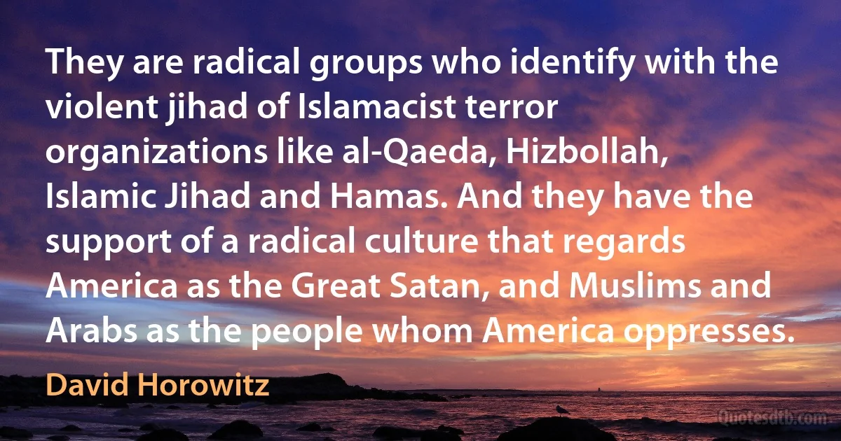 They are radical groups who identify with the violent jihad of Islamacist terror organizations like al-Qaeda, Hizbollah, Islamic Jihad and Hamas. And they have the support of a radical culture that regards America as the Great Satan, and Muslims and Arabs as the people whom America oppresses. (David Horowitz)