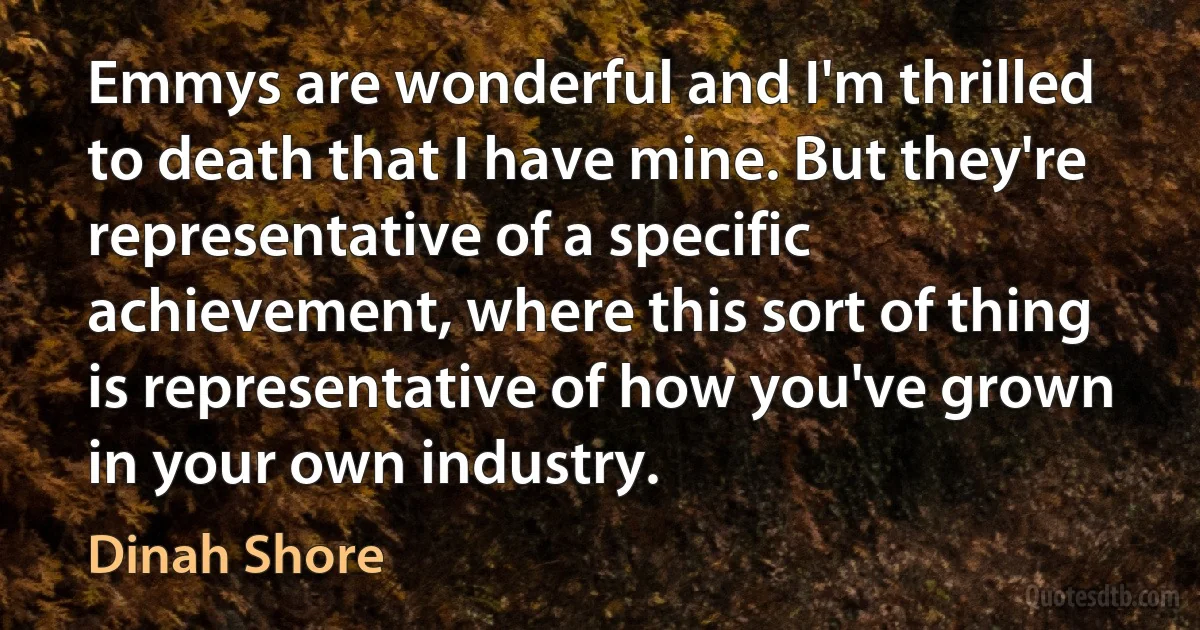 Emmys are wonderful and I'm thrilled to death that I have mine. But they're representative of a specific achievement, where this sort of thing is representative of how you've grown in your own industry. (Dinah Shore)