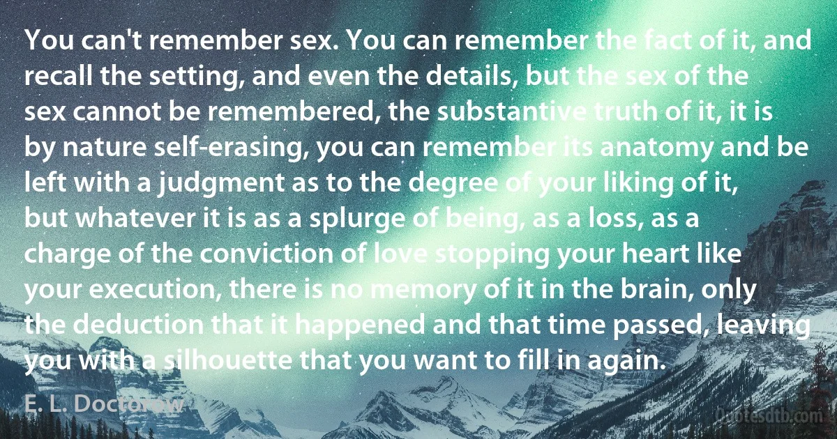 You can't remember sex. You can remember the fact of it, and recall the setting, and even the details, but the sex of the sex cannot be remembered, the substantive truth of it, it is by nature self-erasing, you can remember its anatomy and be left with a judgment as to the degree of your liking of it, but whatever it is as a splurge of being, as a loss, as a charge of the conviction of love stopping your heart like your execution, there is no memory of it in the brain, only the deduction that it happened and that time passed, leaving you with a silhouette that you want to fill in again. (E. L. Doctorow)