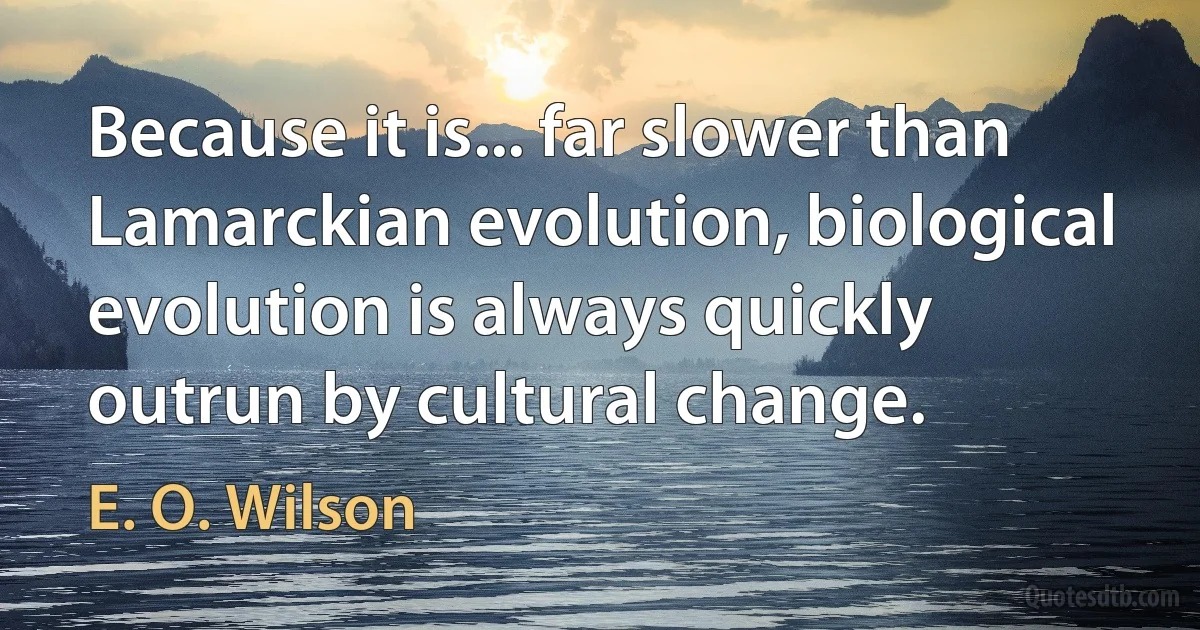 Because it is... far slower than Lamarckian evolution, biological evolution is always quickly outrun by cultural change. (E. O. Wilson)