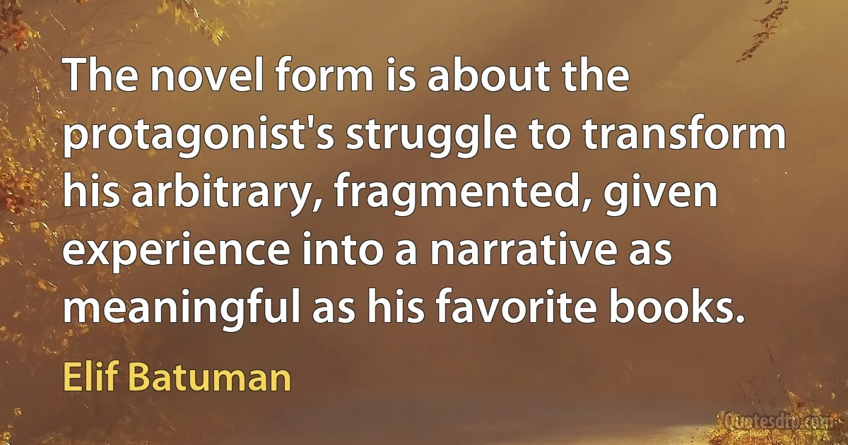 The novel form is about the protagonist's struggle to transform his arbitrary, fragmented, given experience into a narrative as meaningful as his favorite books. (Elif Batuman)