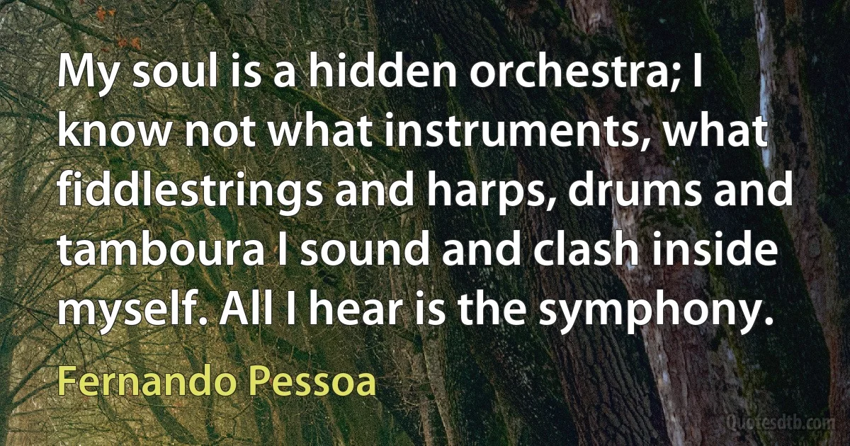 My soul is a hidden orchestra; I know not what instruments, what fiddlestrings and harps, drums and tamboura I sound and clash inside myself. All I hear is the symphony. (Fernando Pessoa)