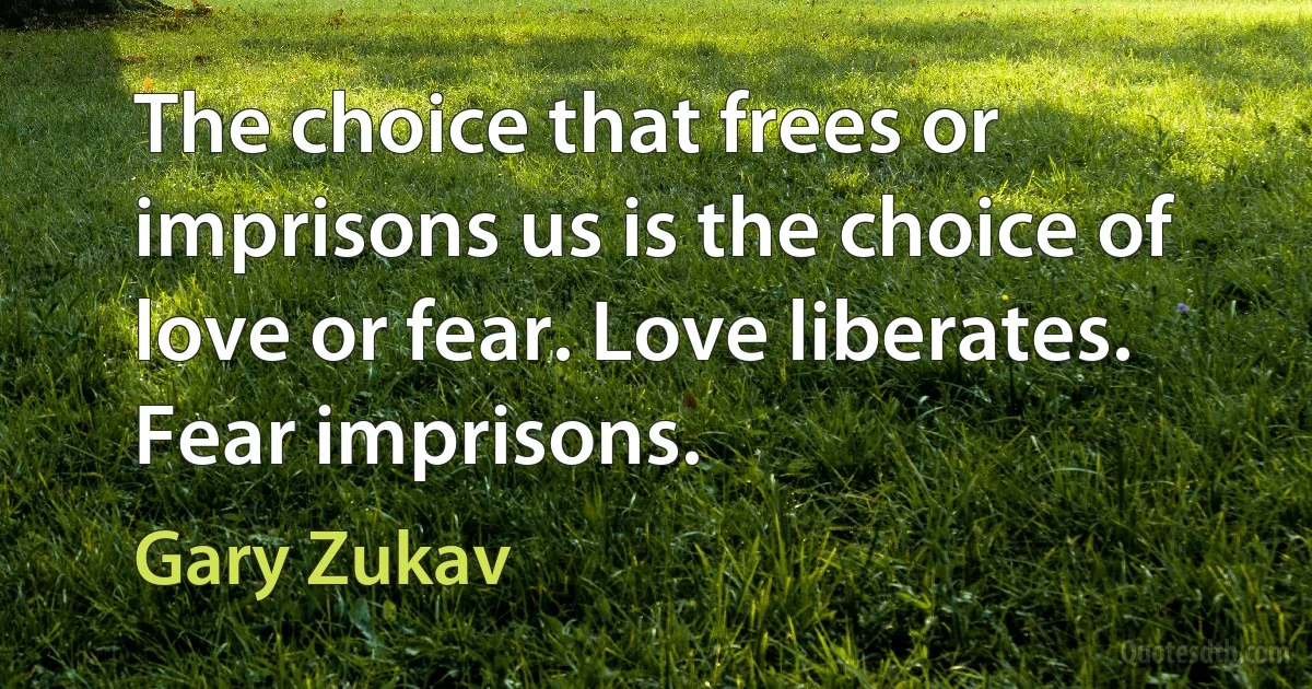 The choice that frees or imprisons us is the choice of love or fear. Love liberates. Fear imprisons. (Gary Zukav)