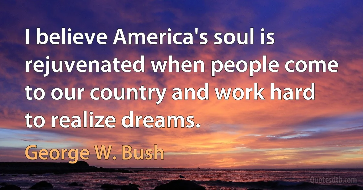 I believe America's soul is rejuvenated when people come to our country and work hard to realize dreams. (George W. Bush)