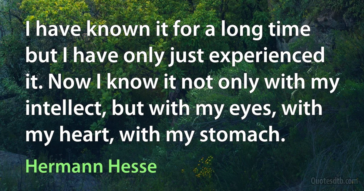 I have known it for a long time but I have only just experienced it. Now I know it not only with my intellect, but with my eyes, with my heart, with my stomach. (Hermann Hesse)