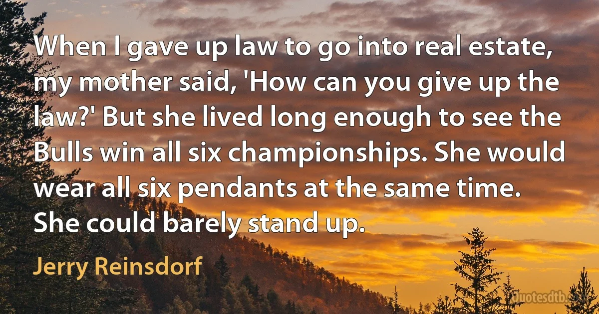 When I gave up law to go into real estate, my mother said, 'How can you give up the law?' But she lived long enough to see the Bulls win all six championships. She would wear all six pendants at the same time. She could barely stand up. (Jerry Reinsdorf)