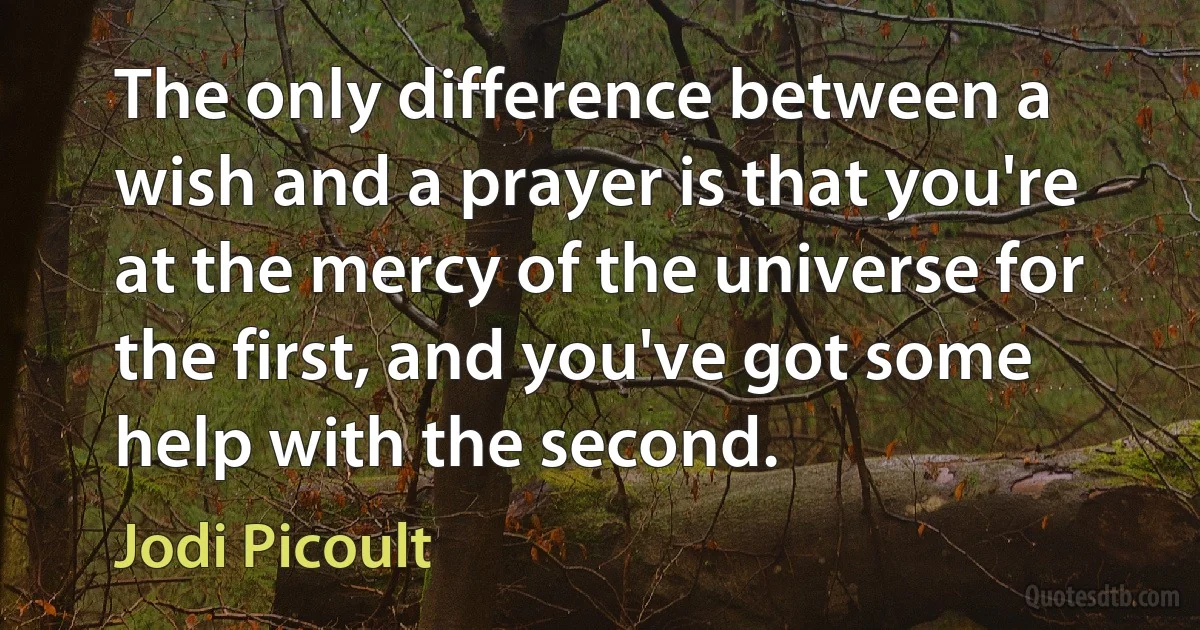 The only difference between a wish and a prayer is that you're at the mercy of the universe for the first, and you've got some help with the second. (Jodi Picoult)