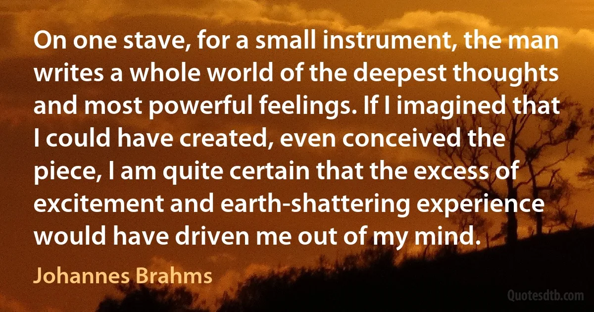 On one stave, for a small instrument, the man writes a whole world of the deepest thoughts and most powerful feelings. If I imagined that I could have created, even conceived the piece, I am quite certain that the excess of excitement and earth-shattering experience would have driven me out of my mind. (Johannes Brahms)