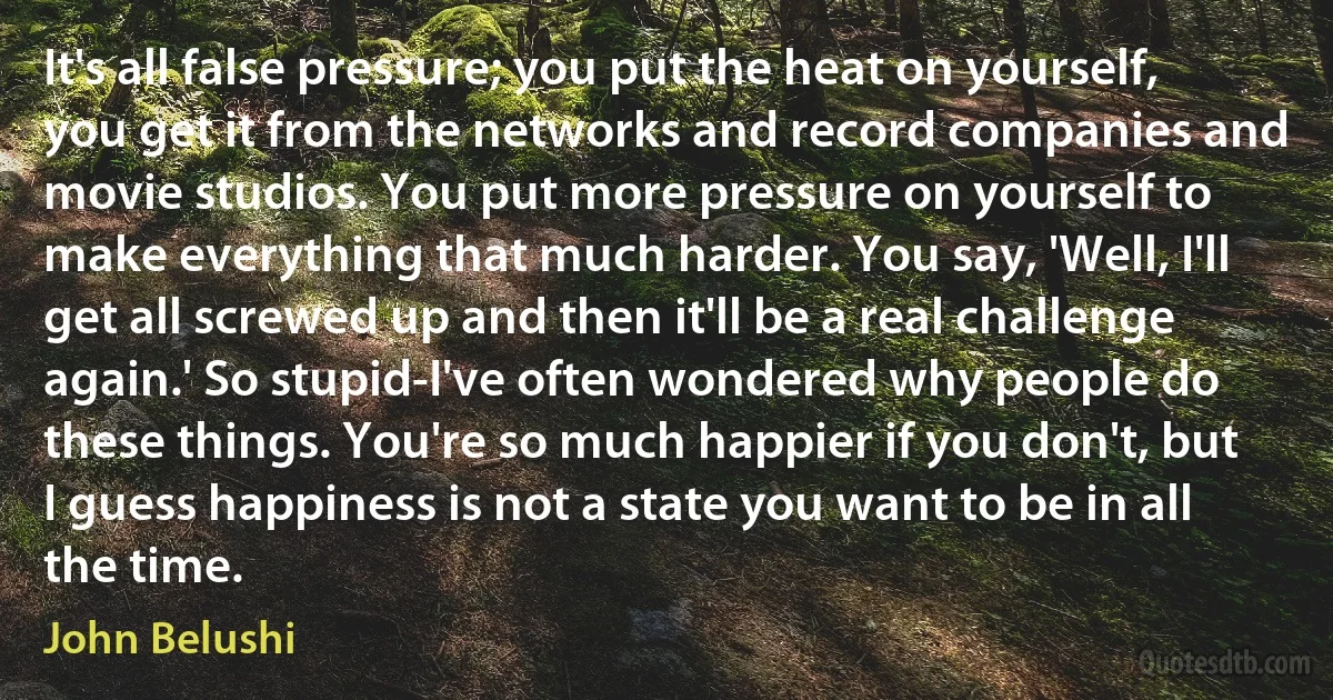 It's all false pressure; you put the heat on yourself, you get it from the networks and record companies and movie studios. You put more pressure on yourself to make everything that much harder. You say, 'Well, I'll get all screwed up and then it'll be a real challenge again.' So stupid-I've often wondered why people do these things. You're so much happier if you don't, but I guess happiness is not a state you want to be in all the time. (John Belushi)