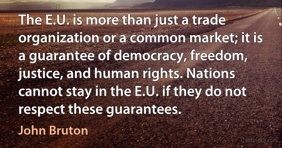 The E.U. is more than just a trade organization or a common market; it is a guarantee of democracy, freedom, justice, and human rights. Nations cannot stay in the E.U. if they do not respect these guarantees. (John Bruton)