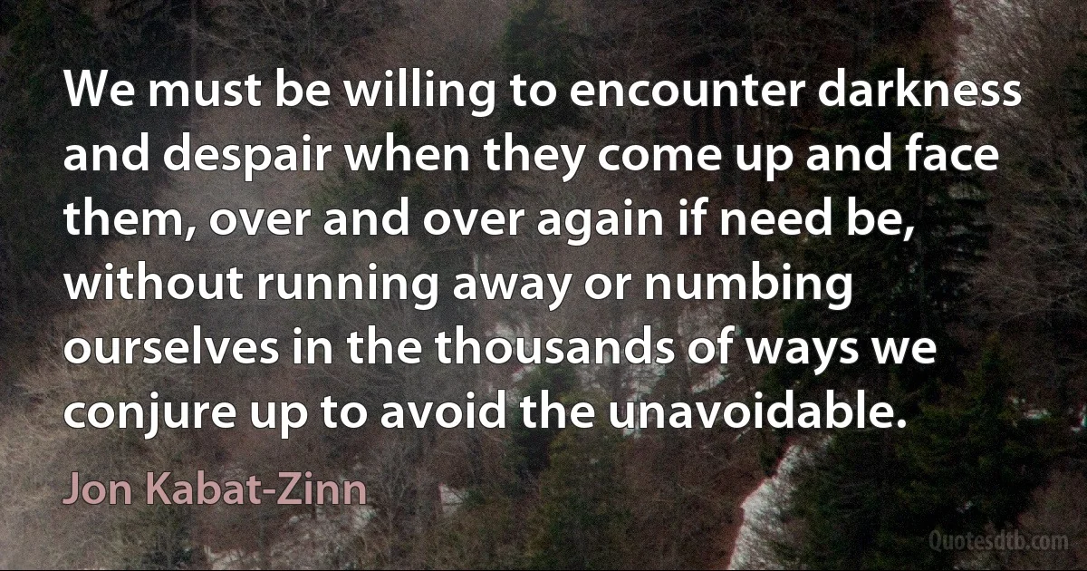 We must be willing to encounter darkness and despair when they come up and face them, over and over again if need be, without running away or numbing ourselves in the thousands of ways we conjure up to avoid the unavoidable. (Jon Kabat-Zinn)