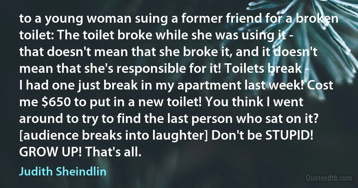 to a young woman suing a former friend for a broken toilet: The toilet broke while she was using it - that doesn't mean that she broke it, and it doesn't mean that she's responsible for it! Toilets break - I had one just break in my apartment last week! Cost me $650 to put in a new toilet! You think I went around to try to find the last person who sat on it? [audience breaks into laughter] Don't be STUPID! GROW UP! That's all. (Judith Sheindlin)