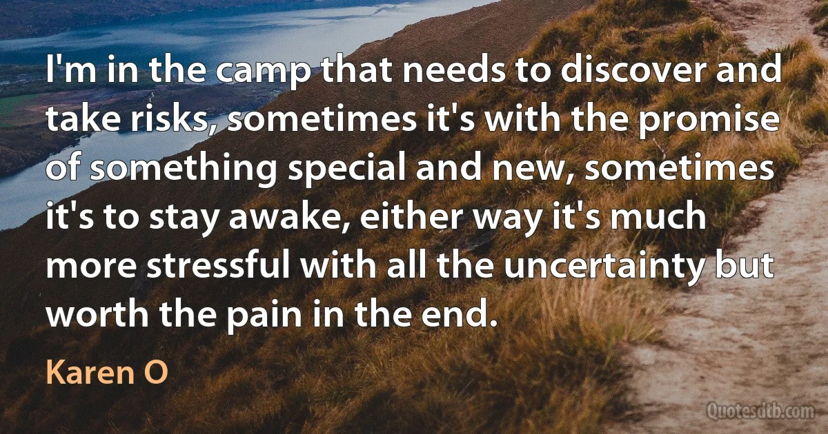 I'm in the camp that needs to discover and take risks, sometimes it's with the promise of something special and new, sometimes it's to stay awake, either way it's much more stressful with all the uncertainty but worth the pain in the end. (Karen O)