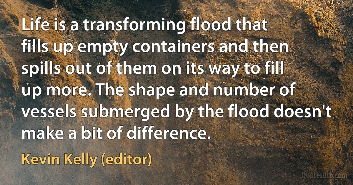 Life is a transforming flood that fills up empty containers and then spills out of them on its way to fill up more. The shape and number of vessels submerged by the flood doesn't make a bit of difference. (Kevin Kelly (editor))