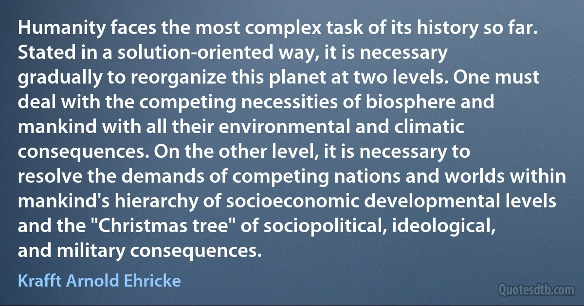 Humanity faces the most complex task of its history so far. Stated in a solution-oriented way, it is necessary gradually to reorganize this planet at two levels. One must deal with the competing necessities of biosphere and mankind with all their environmental and climatic consequences. On the other level, it is necessary to resolve the demands of competing nations and worlds within mankind's hierarchy of socioeconomic developmental levels and the "Christmas tree" of sociopolitical, ideological, and military consequences. (Krafft Arnold Ehricke)