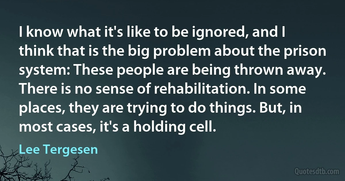 I know what it's like to be ignored, and I think that is the big problem about the prison system: These people are being thrown away. There is no sense of rehabilitation. In some places, they are trying to do things. But, in most cases, it's a holding cell. (Lee Tergesen)