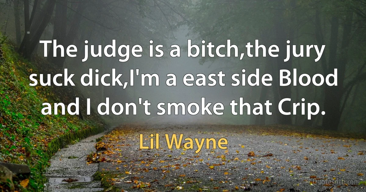 The judge is a bitch,the jury suck dick,I'm a east side Blood and I don't smoke that Crip. (Lil Wayne)