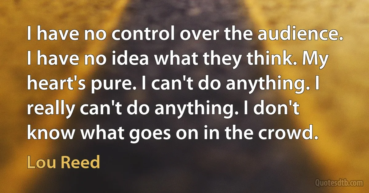 I have no control over the audience. I have no idea what they think. My heart's pure. I can't do anything. I really can't do anything. I don't know what goes on in the crowd. (Lou Reed)