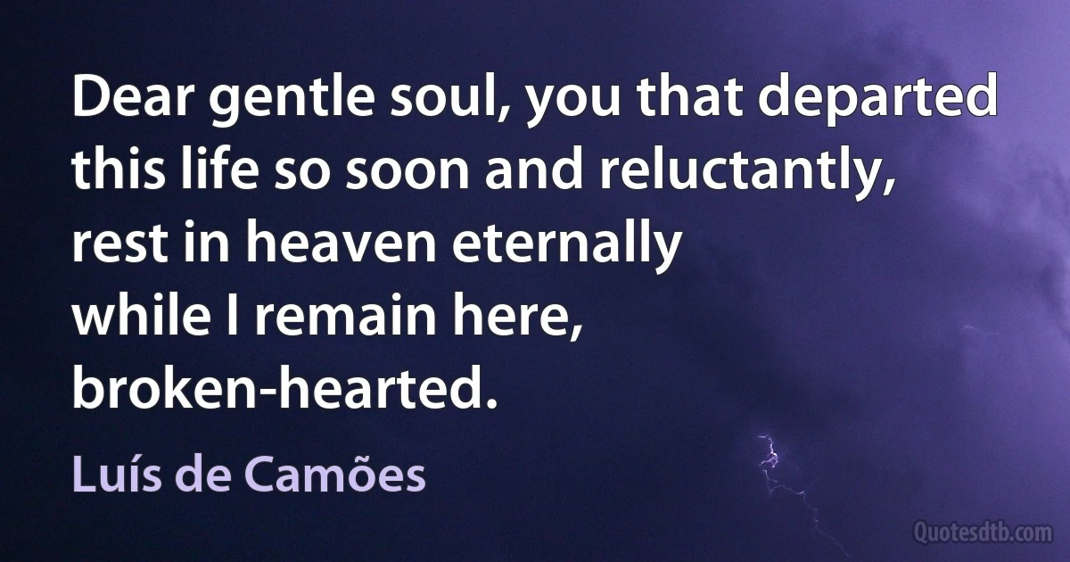 Dear gentle soul, you that departed
this life so soon and reluctantly,
rest in heaven eternally
while I remain here, broken-hearted. (Luís de Camões)