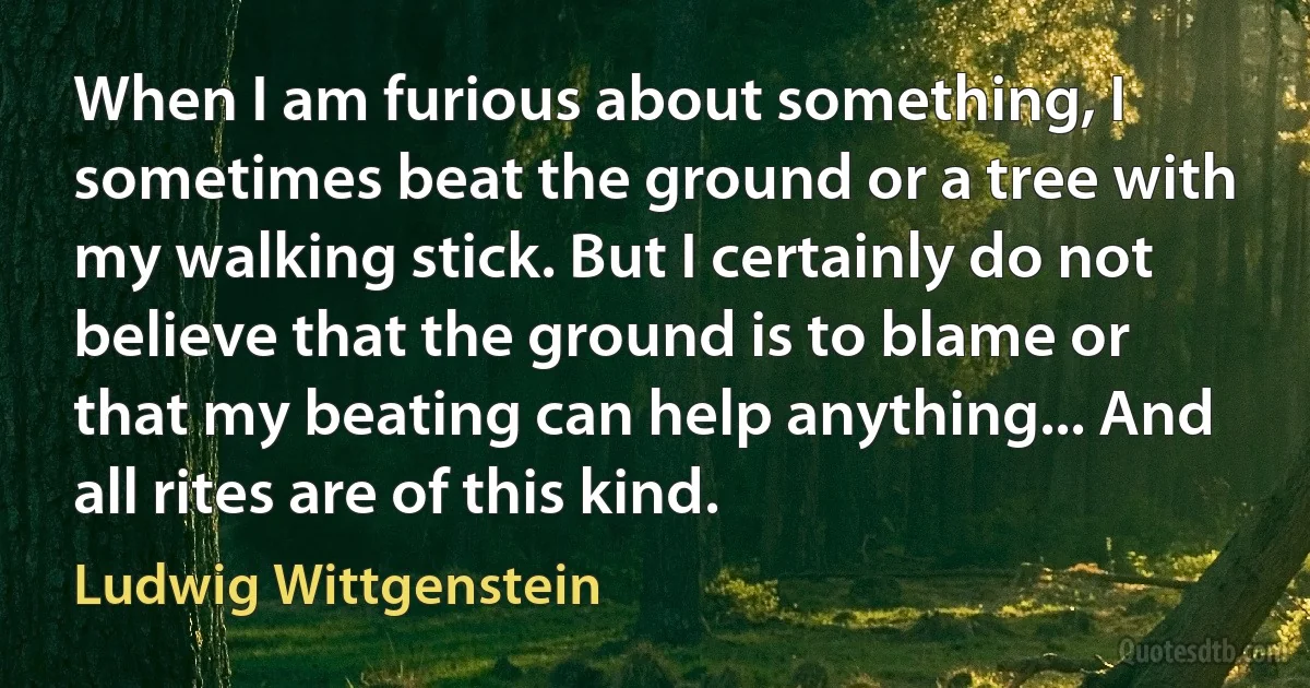 When I am furious about something, I sometimes beat the ground or a tree with my walking stick. But I certainly do not believe that the ground is to blame or that my beating can help anything... And all rites are of this kind. (Ludwig Wittgenstein)