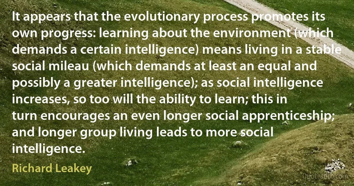 It appears that the evolutionary process promotes its own progress: learning about the environment (which demands a certain intelligence) means living in a stable social mileau (which demands at least an equal and possibly a greater intelligence); as social intelligence increases, so too will the ability to learn; this in turn encourages an even longer social apprenticeship; and longer group living leads to more social intelligence. (Richard Leakey)