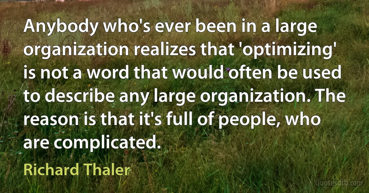 Anybody who's ever been in a large organization realizes that 'optimizing' is not a word that would often be used to describe any large organization. The reason is that it's full of people, who are complicated. (Richard Thaler)