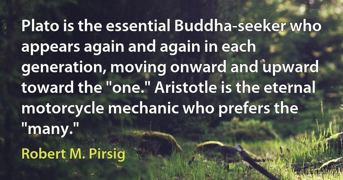 Plato is the essential Buddha-seeker who appears again and again in each generation, moving onward and upward toward the "one." Aristotle is the eternal motorcycle mechanic who prefers the "many." (Robert M. Pirsig)