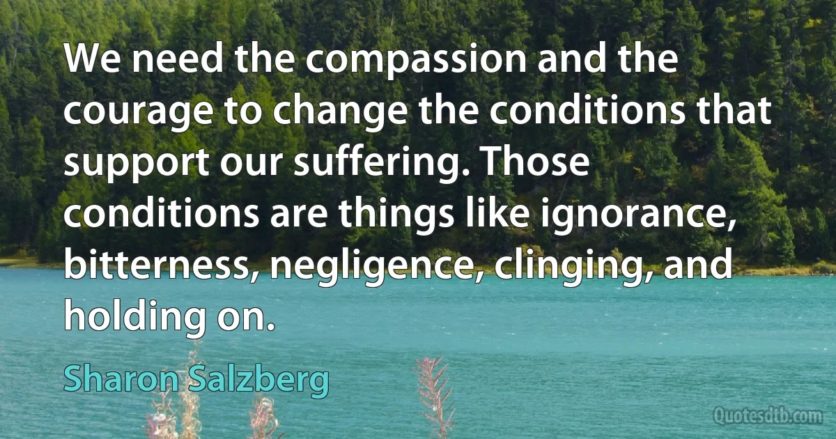 We need the compassion and the courage to change the conditions that support our suffering. Those conditions are things like ignorance, bitterness, negligence, clinging, and holding on. (Sharon Salzberg)