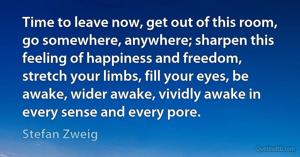 Time to leave now, get out of this room, go somewhere, anywhere; sharpen this feeling of happiness and freedom, stretch your limbs, fill your eyes, be awake, wider awake, vividly awake in every sense and every pore. (Stefan Zweig)