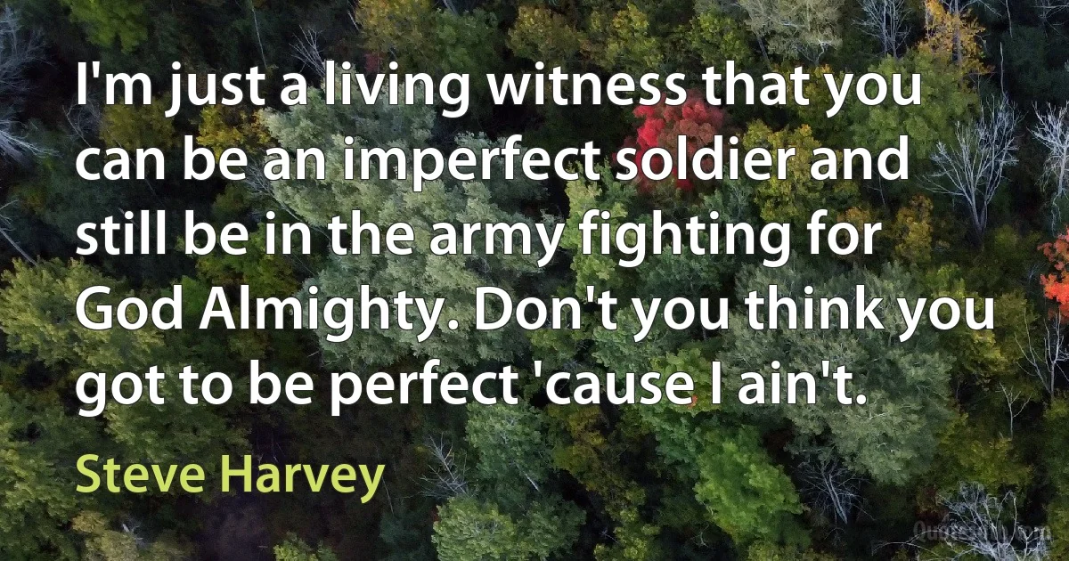 I'm just a living witness that you can be an imperfect soldier and still be in the army fighting for God Almighty. Don't you think you got to be perfect 'cause I ain't. (Steve Harvey)