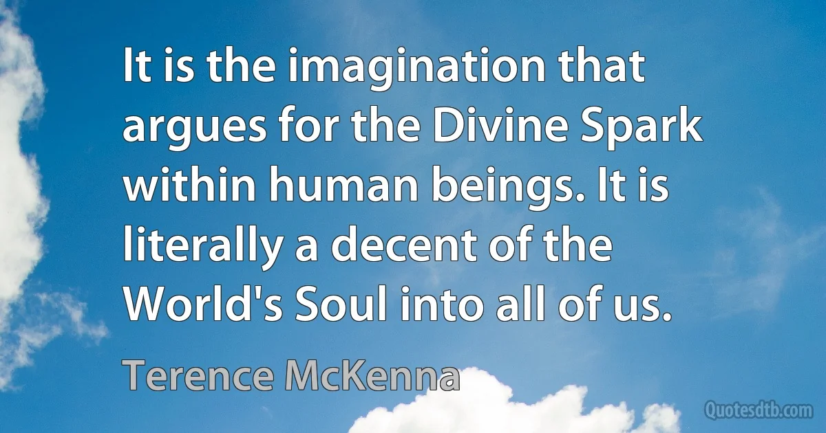 It is the imagination that argues for the Divine Spark within human beings. It is literally a decent of the World's Soul into all of us. (Terence McKenna)