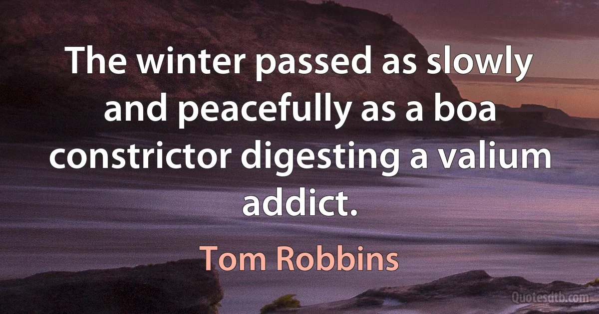 The winter passed as slowly and peacefully as a boa constrictor digesting a valium addict. (Tom Robbins)