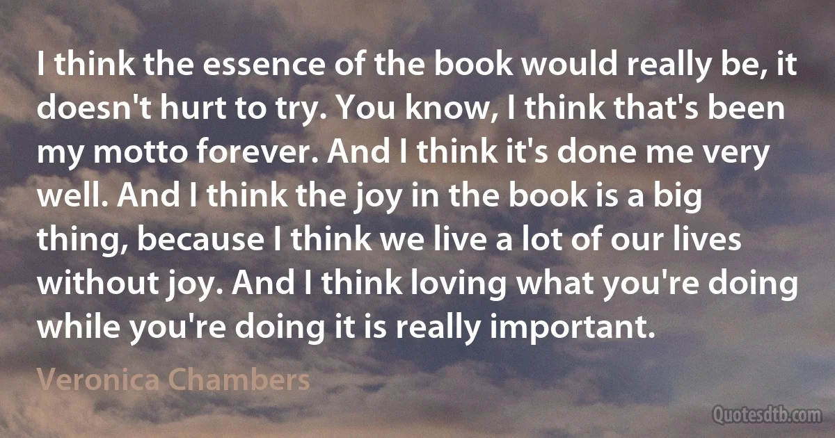 I think the essence of the book would really be, it doesn't hurt to try. You know, I think that's been my motto forever. And I think it's done me very well. And I think the joy in the book is a big thing, because I think we live a lot of our lives without joy. And I think loving what you're doing while you're doing it is really important. (Veronica Chambers)