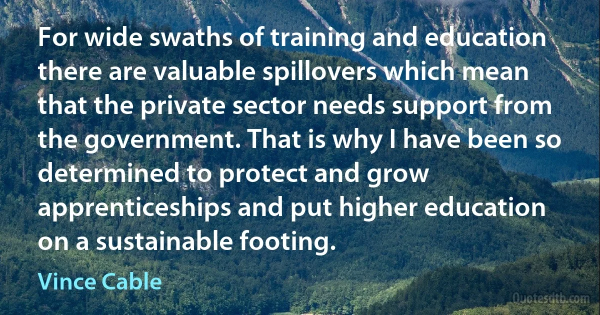 For wide swaths of training and education there are valuable spillovers which mean that the private sector needs support from the government. That is why I have been so determined to protect and grow apprenticeships and put higher education on a sustainable footing. (Vince Cable)