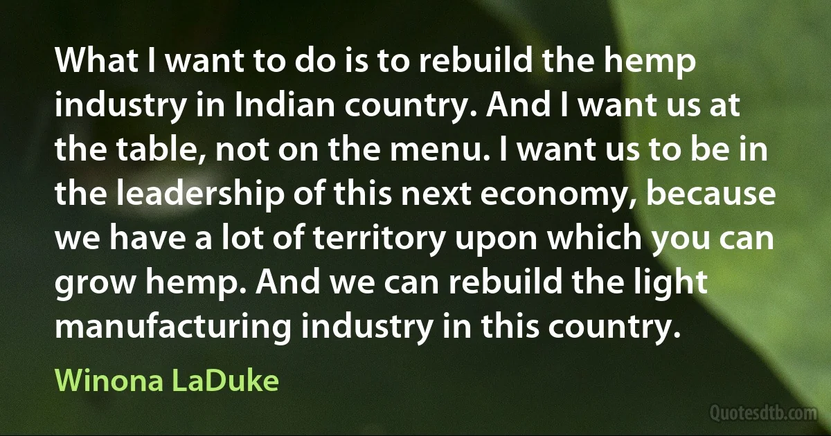 What I want to do is to rebuild the hemp industry in Indian country. And I want us at the table, not on the menu. I want us to be in the leadership of this next economy, because we have a lot of territory upon which you can grow hemp. And we can rebuild the light manufacturing industry in this country. (Winona LaDuke)