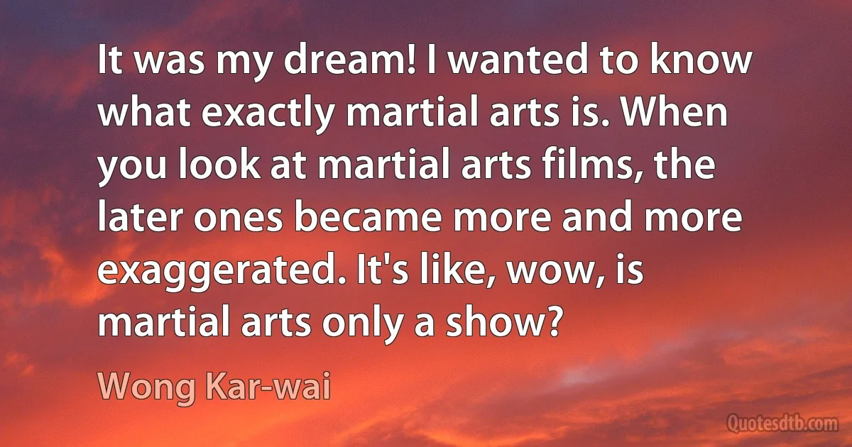 It was my dream! I wanted to know what exactly martial arts is. When you look at martial arts films, the later ones became more and more exaggerated. It's like, wow, is martial arts only a show? (Wong Kar-wai)