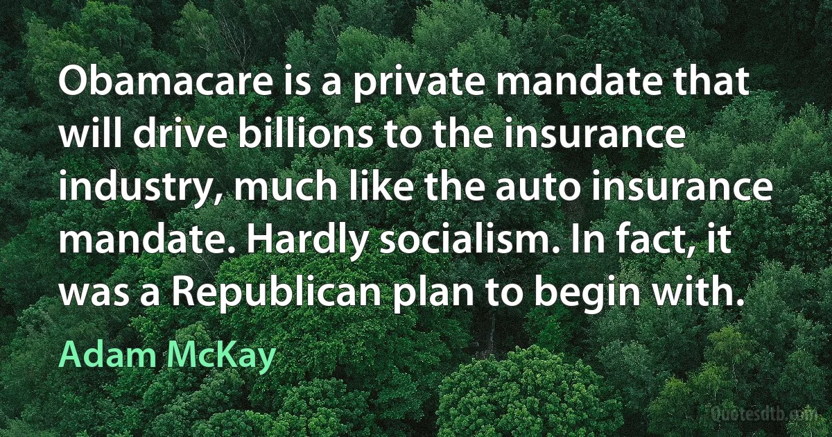 Obamacare is a private mandate that will drive billions to the insurance industry, much like the auto insurance mandate. Hardly socialism. In fact, it was a Republican plan to begin with. (Adam McKay)