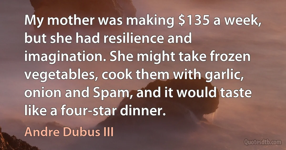 My mother was making $135 a week, but she had resilience and imagination. She might take frozen vegetables, cook them with garlic, onion and Spam, and it would taste like a four-star dinner. (Andre Dubus III)