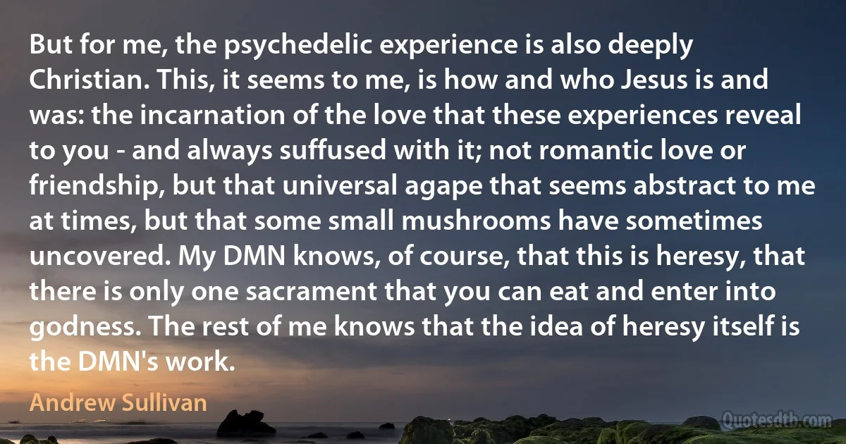 But for me, the psychedelic experience is also deeply Christian. This, it seems to me, is how and who Jesus is and was: the incarnation of the love that these experiences reveal to you - and always suffused with it; not romantic love or friendship, but that universal agape that seems abstract to me at times, but that some small mushrooms have sometimes uncovered. My DMN knows, of course, that this is heresy, that there is only one sacrament that you can eat and enter into godness. The rest of me knows that the idea of heresy itself is the DMN's work. (Andrew Sullivan)