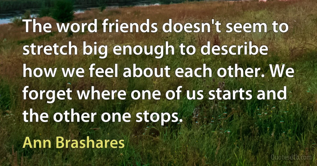 The word friends doesn't seem to stretch big enough to describe how we feel about each other. We forget where one of us starts and the other one stops. (Ann Brashares)