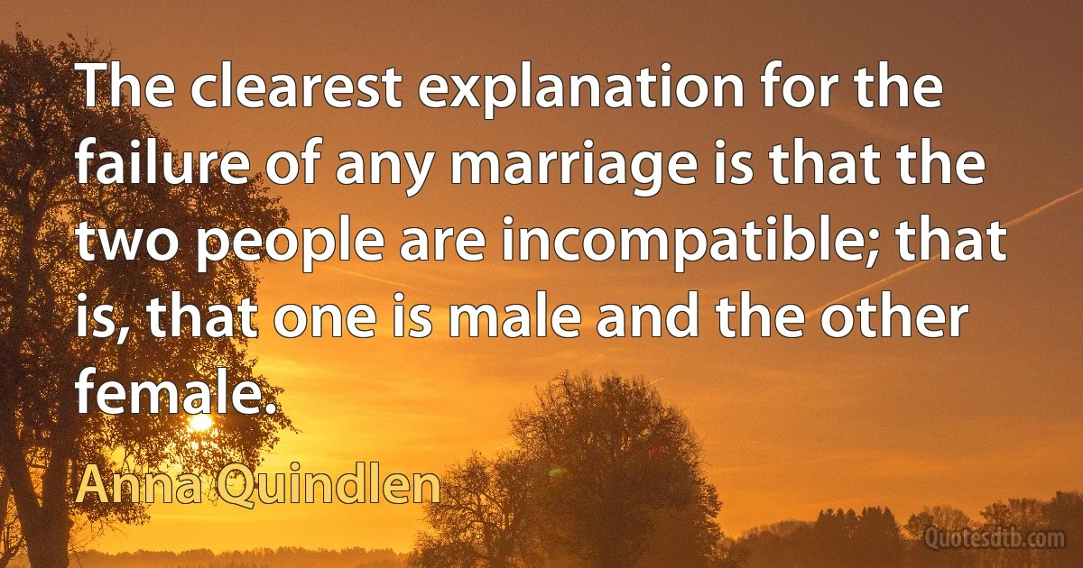 The clearest explanation for the failure of any marriage is that the two people are incompatible; that is, that one is male and the other female. (Anna Quindlen)