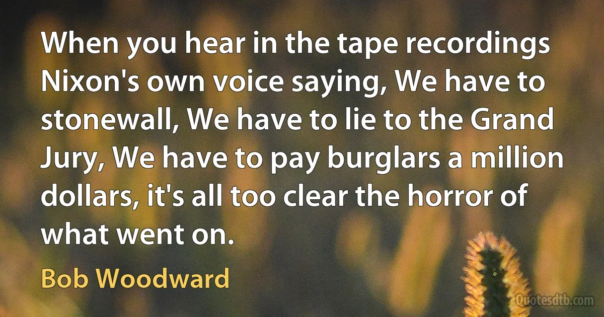 When you hear in the tape recordings Nixon's own voice saying, We have to stonewall, We have to lie to the Grand Jury, We have to pay burglars a million dollars, it's all too clear the horror of what went on. (Bob Woodward)